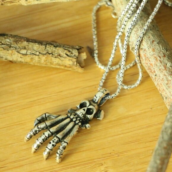Sterling Silver SKULL & HAND'S BONE Men's Necklace - Picture 6 of 8